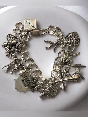 Vintage Sterling Silver Loaded Charm Bracelet 6.5” Hibiscus Cross Book Cherub